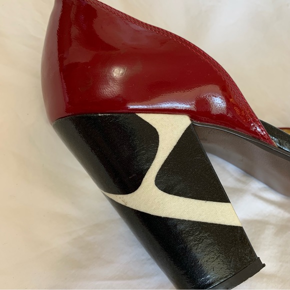 Naughty Monkey red patent and cow print asymmetric heels open toes buckle strap - Picture 11 of 16